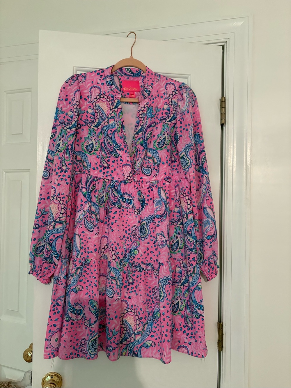 Lily Pulitzer Pink Paisley Long Sleeve Tiered Long Sleeve Dress-Size small